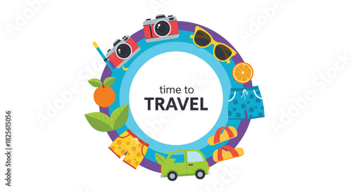 A vibrant circular illustration showcasing essential travel items for a fun summer vacation, with 'time to TRAVEL' at the center.