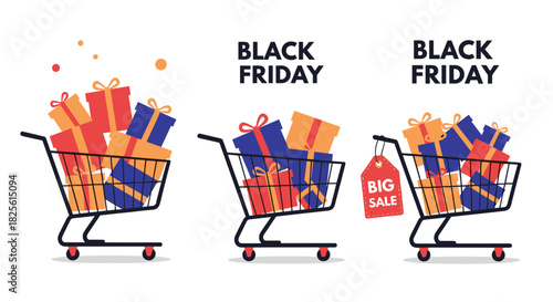 Three shopping carts overflowing with wrapped gift boxes for Black Friday sales and big discounts.