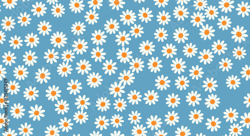 A delightful seamless pattern featuring numerous white daisy flowers with bright orange centers, scattered across a cheerful blue background.