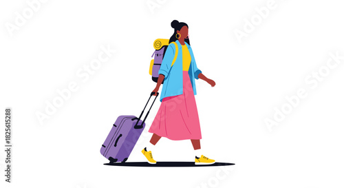 Confident young woman with dark skin, carrying a backpack and pulling a purple suitcase, walking forward in a casual outfit.