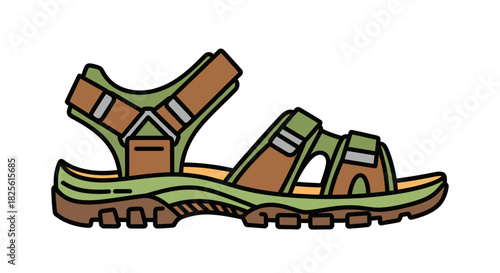 Illustrated Outdoor Sandal with Green and Brown Straps and Rugged Sole.