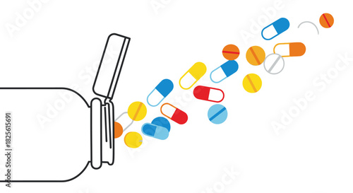 Colorful Pharmaceutical Pills Spilling from an Open Medicine Bottle.