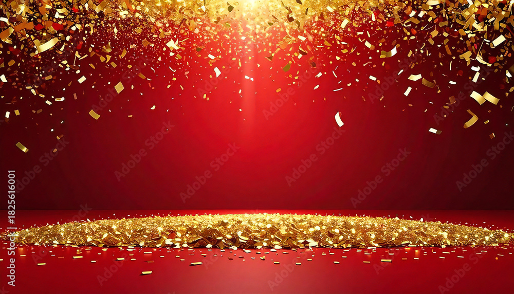 Fototapeta premium 金の紙吹雪。光。背景赤。遠近感。立体感。Gold confetti. Light. Red background. Perspective. Three-dimensional effect.