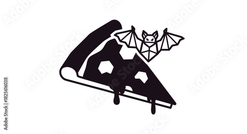 Black and White Pizza Slice with Geometric Bat Design.