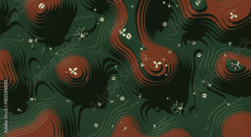 A mesmerizing abstract pattern features undulating dark green and earthy brown contours, adorned with scattered delicate white floral elements, creating a dynamic and organic visual texture.