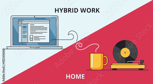This modern illustration visually represents the concept of a hybrid work model, blending professional office tasks with the comfort and leisure of home life.