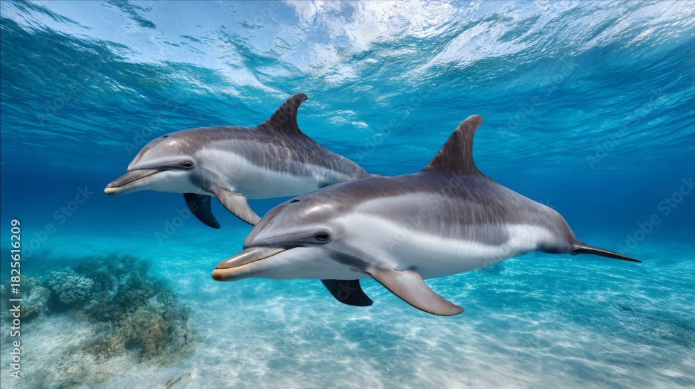 Obraz premium Two common dolphins swimming together in clear blue ocean