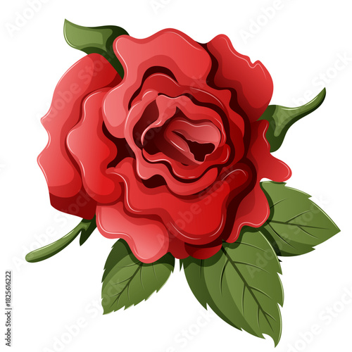 Isolated Red Rose Blossom with Green Leaves Vector Illustration. Floral Element for Wedding Invitations, Corsage, and Bouquet Design.