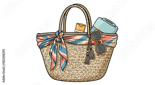 Illustrated Woven Straw Beach Bag with Summer Accessories.