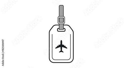 Line Art Luggage Tag with Airplane Icon and Strap.