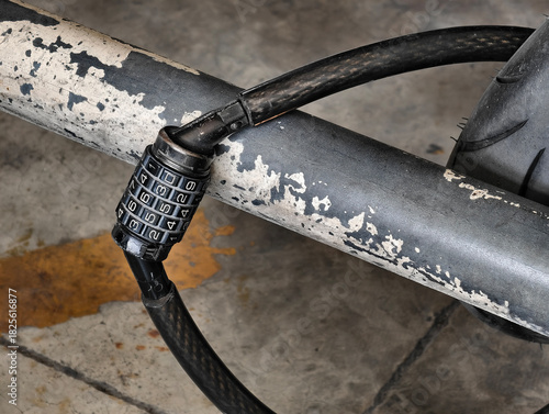 Close-up of a combination cable lock used to secure a motorcycle to a metal bar. Shows worn textures, numbers on the dial, and the sturdy cable, suitable for illustrating security, safety, and anti-th