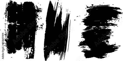 Three black grunge brush strokes with texture, isolated on