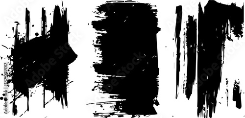 Set of three grunge black brush strokes and textures, isolated on