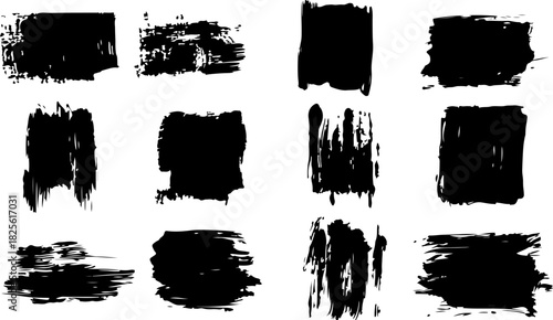 Set of black grunge brush strokes and ink textures on light background