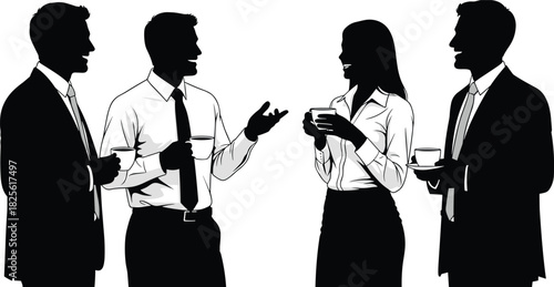 Business people silhouettes talking during coffee break, corporate team networking, vector illustration of office communication, social meeting, black and white.
