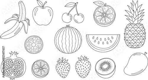 Fruit illustration set, black and white line drawings, banana, apple, pineapple, watermelon, kiwi, cherry, vector outline collection
