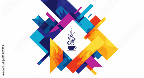 Vibrant abstract geometric shapes in a modern design beautifully frame a steaming cup of coffee, representing artistic flair and warm energy.