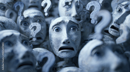 Anxious face question mark confusion crowd worry surreal stone texture blue tone convey uncertainty and tension