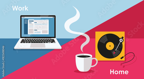 Conceptual illustration contrasts remote work on a laptop with relaxing home life, featuring coffee and music, symbolizing modern work-life balance and flexibility.