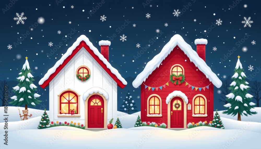 Naklejka premium Snowy village winter cottage red house white house holiday decoration night sky festive cozy joy