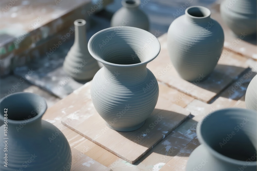 Naklejka premium Unfired ceramic vases arranged on wooden boards in a pottery workshop