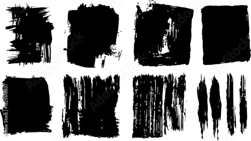 Set of black grunge brush strokes, ink textures, and paint elements