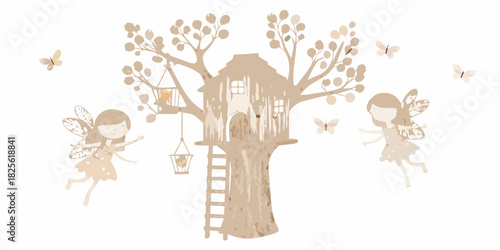 Whimsical fairy treehouse scene with flying fairies and butterflies illustration