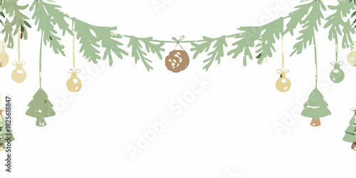Christmas garland with ornaments and trees on white background