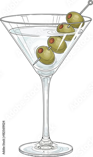 glass1.eps Martini Glass with Olives Illustration | Cocktail Drink Vector | Classic Bar Beverage Design