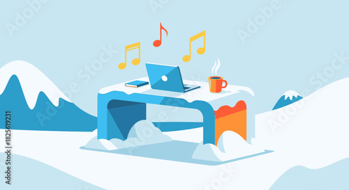 A vibrant flat-design illustration captures a cozy remote workstation in a serene winter landscape, featuring a laptop, steaming mug, and musical notes.