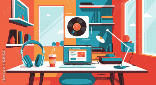 A vibrant, modern home office setup featuring a laptop, headphones, and coffee, perfect for remote work and creative pursuits.