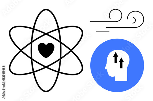 Science concept. Science illustrated through atomic heart, mental growth symbol, and wind movement. Science connecting energy, growth, and innovation. Useful for technology, education inspiration
