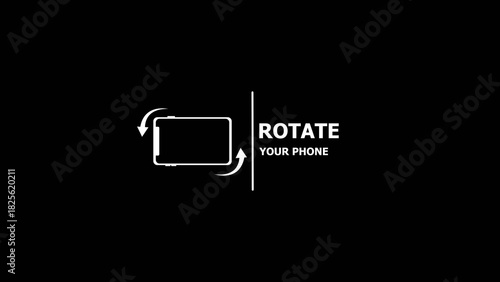 White icon showing a smartphone rotating with curved arrows and text rotate your phone on black background
