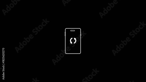 White outline of a smartphone with a circular arrow icon on a black background mobile device