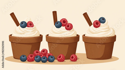 Three delicious desserts topped with cream and berries