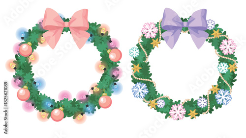 Dreamy Pastel Christmas Wreath Frame Pink and Purple Bows Set
