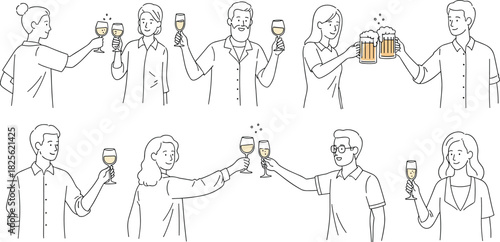 Line drawing people toasting drinks, casual celebration scene, minimalist social gathering, wine and beer cheers, flat vector illustration