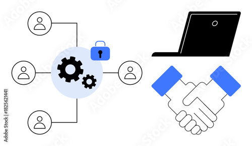 Diagram showing interconnected people, gears with a lock for security, handshake symbolizing collaboration, and a laptop representing technology. Ideal for teamwork, networking, technology, security
