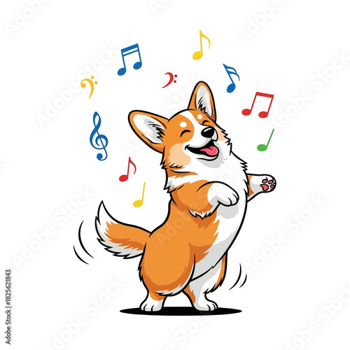 Happy cartoon corgi dog dancing to musical notes vector illustration.