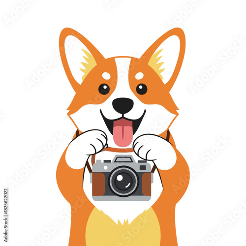 Happy corgi dog holding a vintage camera ready to take photos.