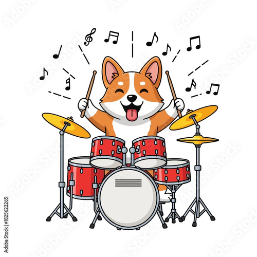 Happy corgi dog playing drums with musical notes around.