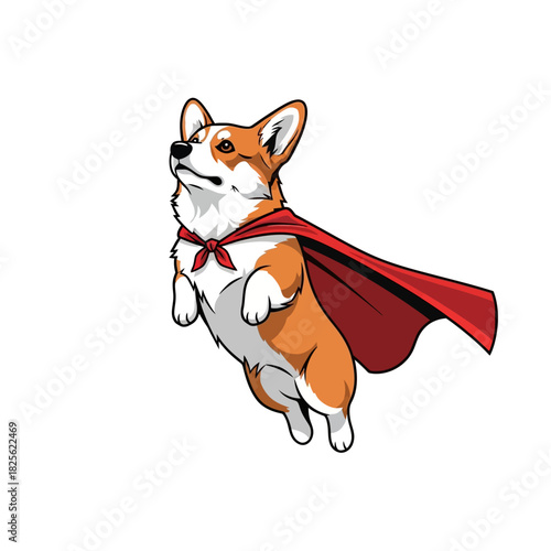 Superhero Corgi Dog Flying with Red Cape and Scarf.
