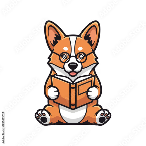 Adorable Corgi Dog Wearing Glasses and Reading a Book.