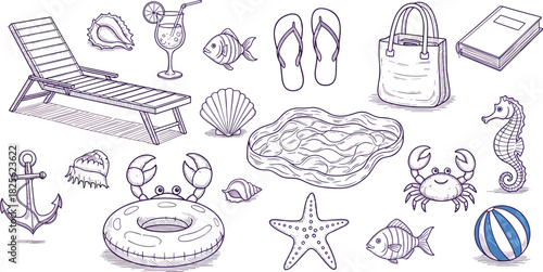 Beach and ocean icons set, marine life, lounge chair, cocktail, shells, crab, fish, summer vacation, flat vector illustration