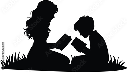 Silhouette of mother and son reading books together on grass, concept of family education, parenting, and learning outdoors