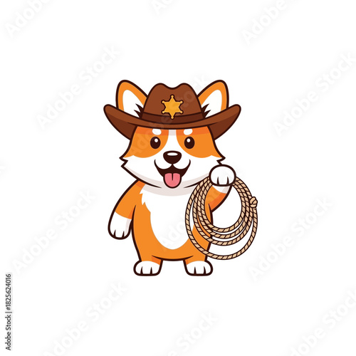 Cute Cartoon Corgi Dog Dressed as a Cowboy Holding a Lasso.