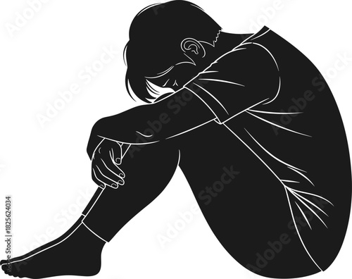 Silhouette vector of depressed young man sitting alone holding knees, sad boy crying on floor, mental health concept, isolated.