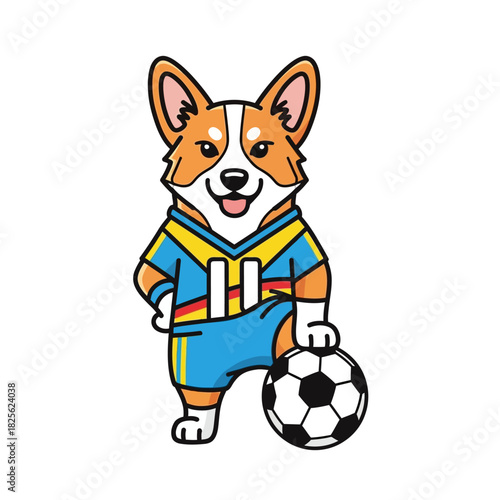 Corgi soccer player stands proudly with a football ready to play the game.