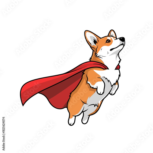Corgi Superhero Flying with Red Cape in Cartoon Style.