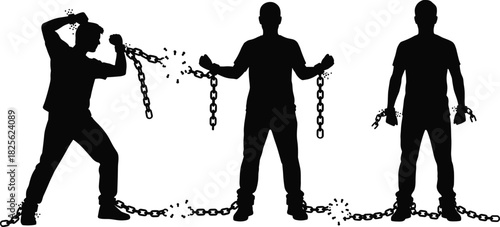 Silhouette vector of men breaking heavy metal chains, concept of freedom, strength, liberation, and overcoming obstacles, isolated on white background.